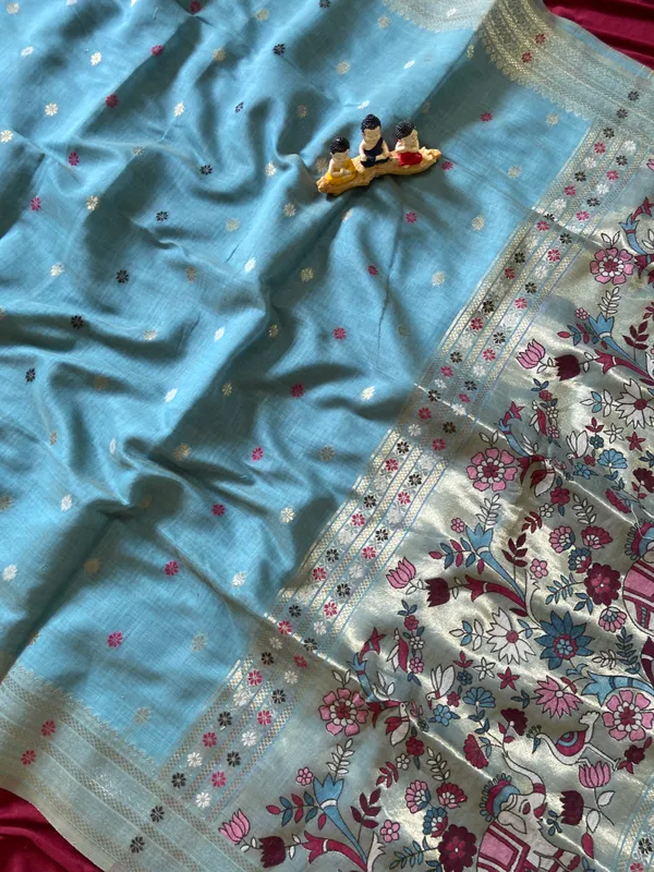 Premium_Soft_Muga_Cotton_Paithani_sarees_with_Beautiful_colourfull_3D_Woven_Elephant_Design_Pallu_With_Attractive_All_Over_Resham_Weaving_Butti_Design_With_Zari_Weaving_Border_And_Resham_Weaving_Butti_Blouse_With_Fancy_Tassels