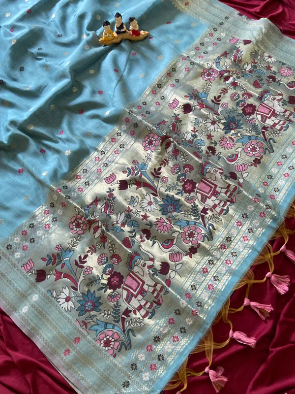 Premium_Soft_Muga_Cotton_Paithani_sarees_with_Beautiful_colourfull_3D_Woven_Elephant_Design_Pallu_With_Attractive_All_Over_Resham_Weaving_Butti_Design_With_Zari_Weaving_Border_And_Resham_Weaving_Butti_Blouse_With_Fancy_Tassels