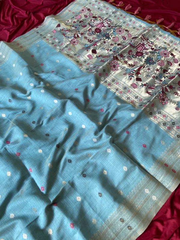Premium_Soft_Muga_Cotton_Paithani_sarees_with_Beautiful_colourfull_3D_Woven_Elephant_Design_Pallu_With_Attractive_All_Over_Resham_Weaving_Butti_Design_With_Zari_Weaving_Border_And_Resham_Weaving_Butti_Blouse_With_Fancy_Tassels