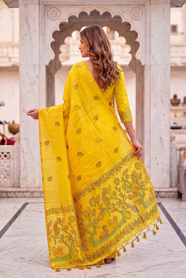 Premium_Soft_Muga_Cotton_Paithani_sarees_with_Beautiful_Weaving_Design_Featuring_Jungle_Theme_And_Swan_Motifs_Pallu_With_Attractive_All_Over_Resham_Weaving_Butti_Design_And_Resham_Weaving_Butti_Blouse_With_Fancy_Tassels