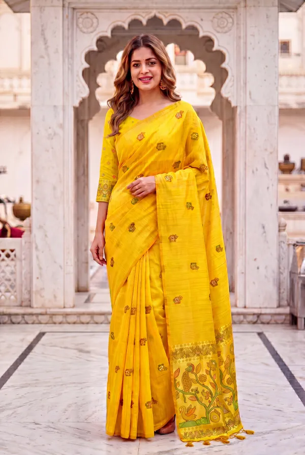 Premium_Soft_Muga_Cotton_Paithani_sarees_with_Beautiful_Weaving_Design_Featuring_Jungle_Theme_And_Swan_Motifs_Pallu_With_Attractive_All_Over_Resham_Weaving_Butti_Design_And_Resham_Weaving_Butti_Blouse_With_Fancy_Tassels