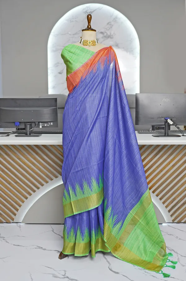 Soft_Tussar_Silk_sarees_with_Beautiful_Digital_Print_With_Attractive_Checks_Design_Saree_And_Digital_Print_Blouse_With_Tassels