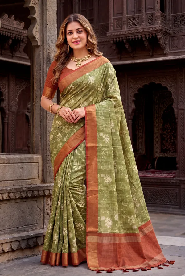 Soft_Tussar_Silk_sarees_with_Beautiful_Digital_Print_With_Attractive_Checks_Design_Saree_And_Digital_Print_Blouse_With_Tassels