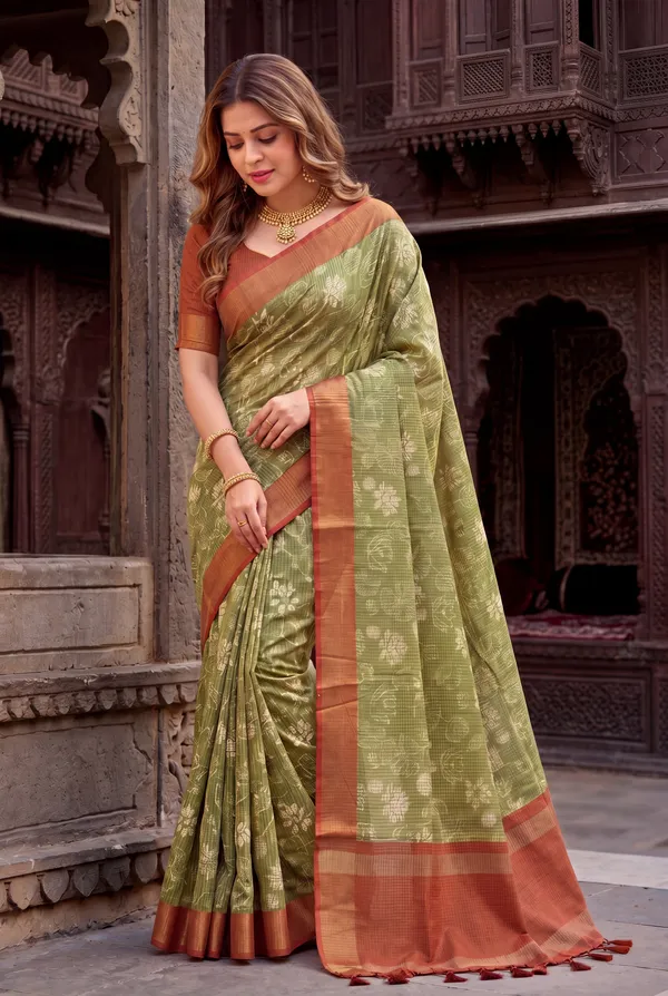 Soft_Tussar_Silk_sarees_with_Beautiful_Digital_Print_With_Attractive_Checks_Design_Saree_And_Digital_Print_Blouse_With_Tassels