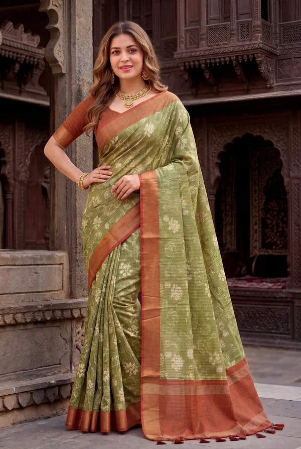 Soft_Tussar_Silk_sarees_with_Beautiful_Digital_Print_With_Attractive_Checks_Design_Saree_And_Digital_Print_Blouse_With_Tassels