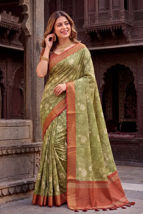 Soft_Tussar_Silk_sarees_with_Beautiful_Digital_Print_With_Attractive_Checks_Design_Saree_And_Digital_Print_Blouse_With_Tassels