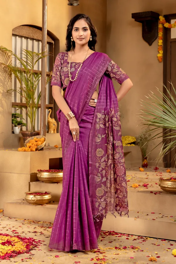 Soft_Semi_Tussar_Silk_sarees_with_Beautiful_Digital_Print_With_Attractive_Border_And_Contrast_Print_Blouse_With_Tassels