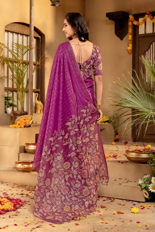 Soft_Semi_Tussar_Silk_sarees_with_Beautiful_Digital_Print_With_Attractive_Border_And_Contrast_Print_Blouse_With_Tassels