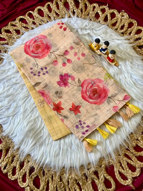 Soft_Premium_Linen_sarees_with_Beautiful_Print_With_Attractive_Checks_Design_Saree_With_Gold_Zari_Border_And_Print_Blouse_With_Tassels