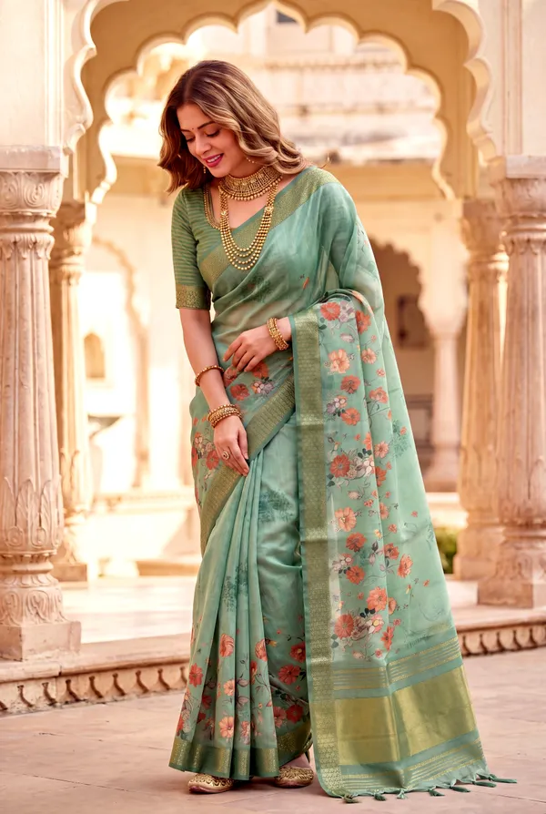 Soft_Tissue_Silk_sarees_with_Beautiful_Digital_Print_With_Attractive_Border_&_Rich_Pallu_With_Sequence_And_Contrast_Print_Blouse_With_Tassels