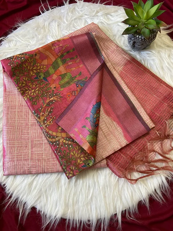 Soft_Semi_Tussar_Silk_sarees_with_Beautiful_Digital_Print_With_Attractive_Border_And_Contrast_Print_Blouse_With_Tassels