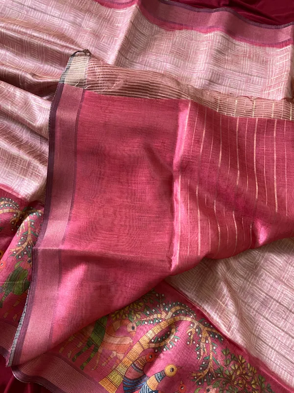 Soft_Semi_Tussar_Silk_sarees_with_Beautiful_Digital_Print_With_Attractive_Border_And_Contrast_Print_Blouse_With_Tassels