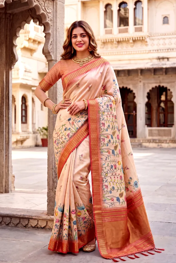 Soft_Tissue_Silk_sarees_with_Beautiful_Digital_Print_With_Attractive_Border_&_Rich_Pallu_With_Sequence_And_Contrast_Print_Blouse_With_Tassels