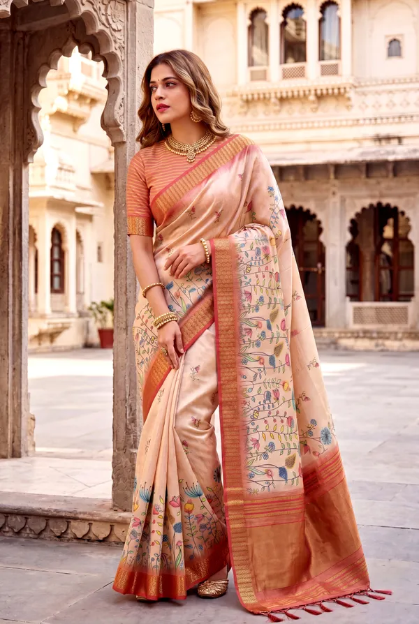 Soft_Tissue_Silk_sarees_with_Beautiful_Digital_Print_With_Attractive_Border_&_Rich_Pallu_With_Sequence_And_Contrast_Print_Blouse_With_Tassels
