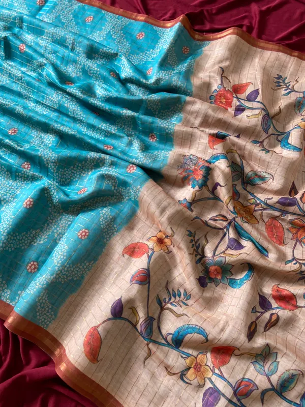 Soft_Tussar_Silk_sarees_with_Beautiful_Style_Of_Kalamkari_Digital_Print_With_Attractive_Border_And_Contrast_Print_Blouse_With_Tassels
