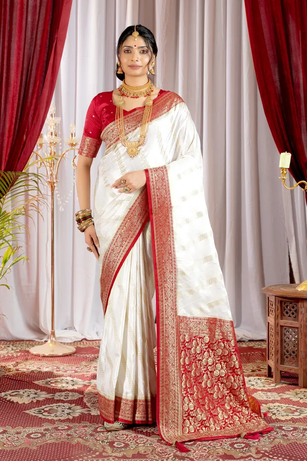 Banarasi_Pure_Satin_Silk_sarees_with_Beautiful_Elephant_in_Contrast_Red-White_Shades_With_Attractive_Weaving_Gold_Zari_Design_And_Contrast_Blouse_With_Tassels