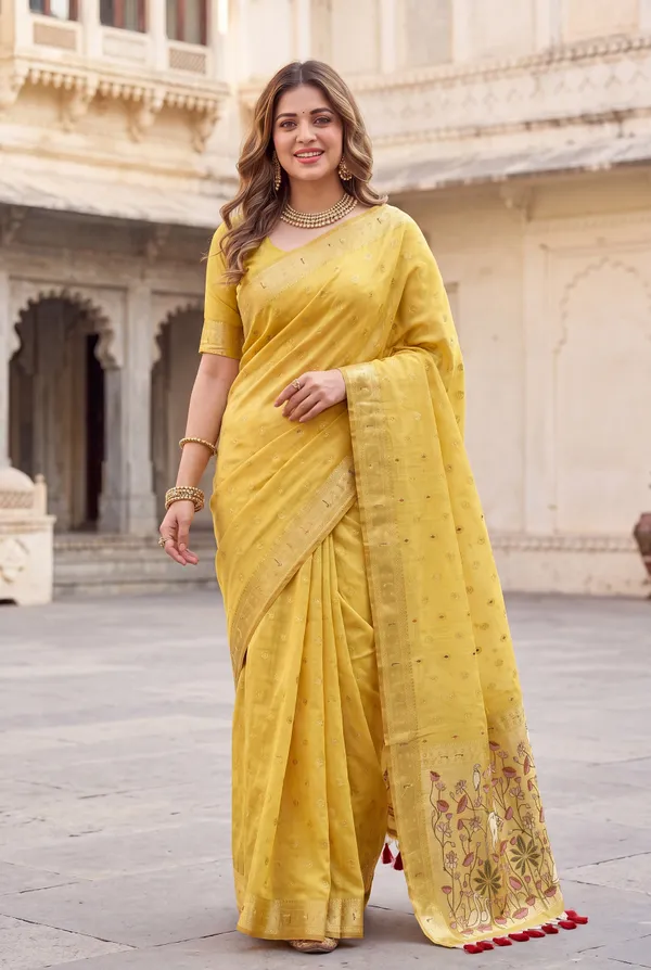 Premium_Soft_Muga_Cotton_Paithani_sarees_with_Beautiful_Colourfull_3D_Woven_Cow_Design_Pallu_With_Attractive_All_Over_Resham_Weaving_Butti_Design_With_Zari_Weaving_Border_And_Resham_Weaving_Butti_Blouse_With_Fancy_Tassels