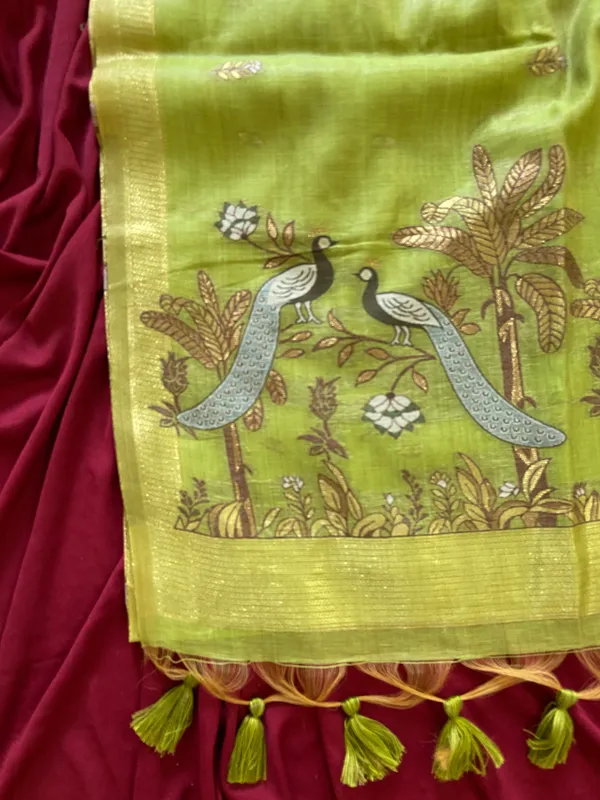Premium_Soft_Muga_Cotton_sarees_with_Beautiful_Colourfull_Resham_Weaving__Peacock_Design_Pallu_With_Attractive_Traditional_Zari_Weaving__With_All_Over__Resham_Weaving__And_Resham_Weaving_Butti_Blouse_With_Fancy_Tassels