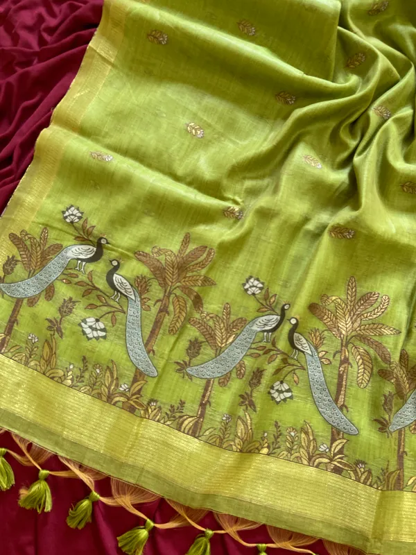 Premium_Soft_Muga_Cotton_sarees_with_Beautiful_Colourfull_Resham_Weaving__Peacock_Design_Pallu_With_Attractive_Traditional_Zari_Weaving__With_All_Over__Resham_Weaving__And_Resham_Weaving_Butti_Blouse_With_Fancy_Tassels