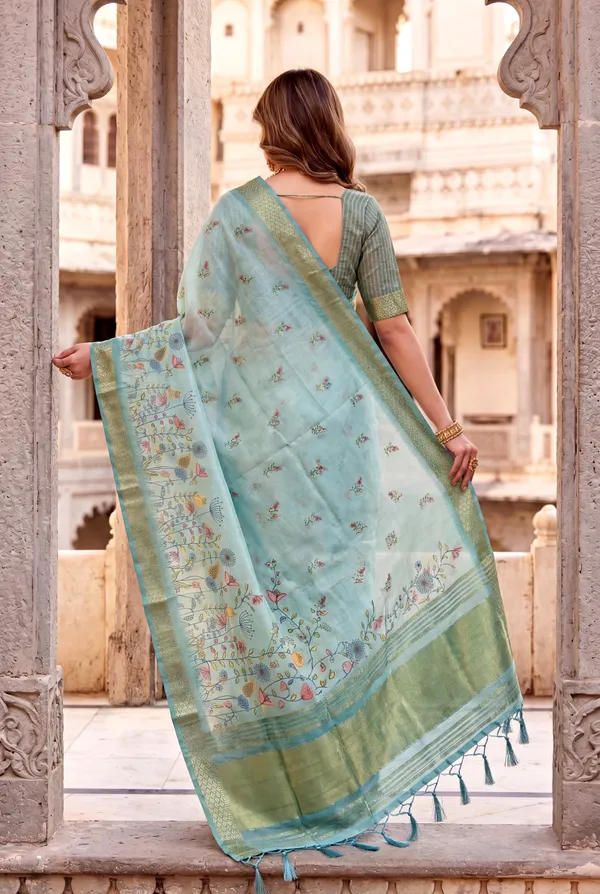 Soft_Tissue_Silk_sarees_with_Beautiful_Digital_Print_With_Attractive_Border_&_Rich_Pallu_With_Sequence_And_Contrast_Print_Blouse_With_Tassels