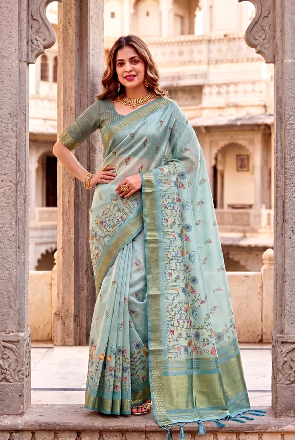 Soft_Tissue_Silk_sarees_with_Beautiful_Digital_Print_With_Attractive_Border_&_Rich_Pallu_With_Sequence_And_Contrast_Print_Blouse_With_Tassels
