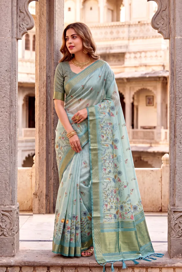 Soft_Tissue_Silk_sarees_with_Beautiful_Digital_Print_With_Attractive_Border_&_Rich_Pallu_With_Sequence_And_Contrast_Print_Blouse_With_Tassels