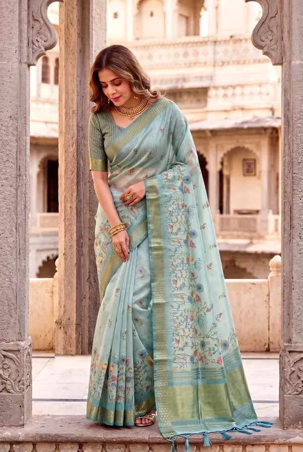 Soft_Tissue_Silk_sarees_with_Beautiful_Digital_Print_With_Attractive_Border_&_Rich_Pallu_With_Sequence_And_Contrast_Print_Blouse_With_Tassels