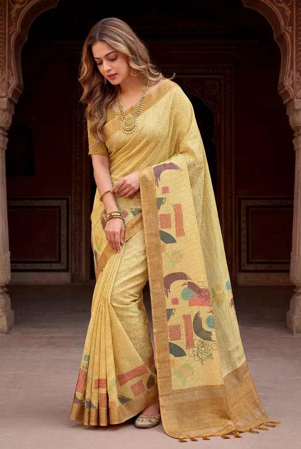 Soft_Tussar_Silk_sarees_with_Beautiful_Digital_Print_With_Attractive_Checks_Design_Saree_And_Digital_Print_Blouse_With_Tassels