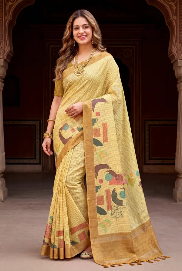 Soft_Tussar_Silk_sarees_with_Beautiful_Digital_Print_With_Attractive_Checks_Design_Saree_And_Digital_Print_Blouse_With_Tassels