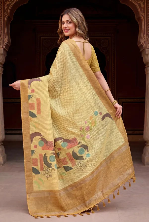 Soft_Tussar_Silk_sarees_with_Beautiful_Digital_Print_With_Attractive_Checks_Design_Saree_And_Digital_Print_Blouse_With_Tassels