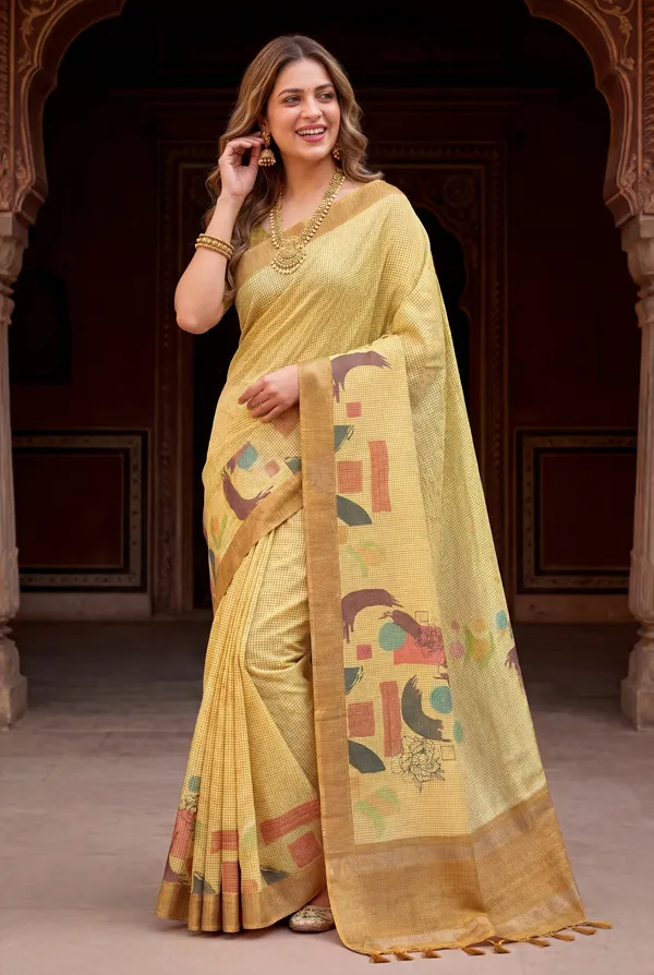 Soft_Tussar_Silk_sarees_with_Beautiful_Digital_Print_With_Attractive_Checks_Design_Saree_And_Digital_Print_Blouse_With_Tassels