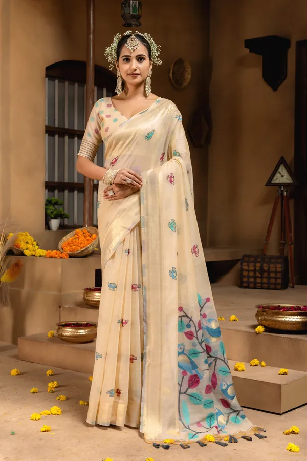 Premium_Soft_Muga_Cotton_sarees_with_Beautiful_Colourfull_Resham_Weaving_Pallu_With_Attractive_Traditional_Zari_Weaving_Border_With_All_Over_Resham_Weaving_Birds_Design_And_Resham_Weaving_Butti_Blouse_With_Fancy_Tassels