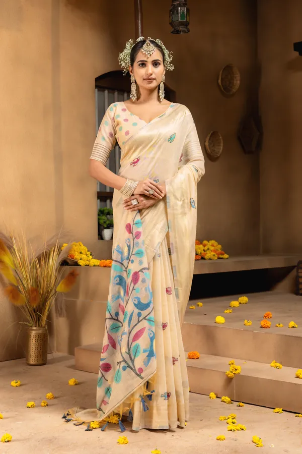 Premium_Soft_Muga_Cotton_sarees_with_Beautiful_Colourfull_Resham_Weaving_Pallu_With_Attractive_Traditional_Zari_Weaving_Border_With_All_Over_Resham_Weaving_Birds_Design_And_Resham_Weaving_Butti_Blouse_With_Fancy_Tassels