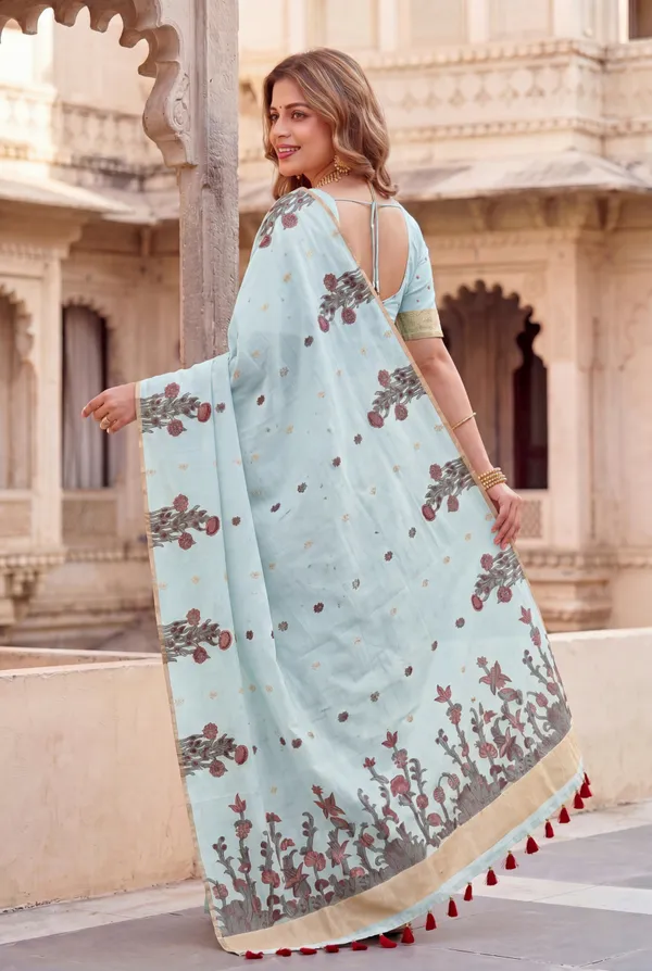Premium_Soft_Muga_Cotton_sarees_with_Beautiful_Colourfull_Resham_Weaving__Flower_Design_Pallu_With_Attractive_Traditional_Zari_Weaving__With_All_Over__Resham_Weaving__And_Resham_Weaving_Butti_Blouse_With_Fancy_Tassels
