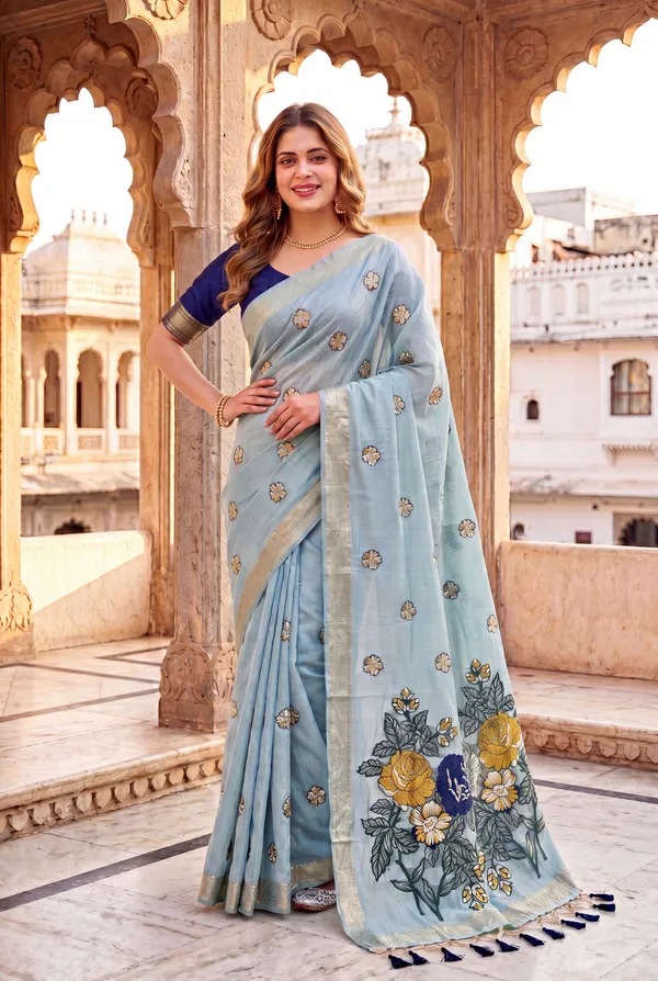 Premium_Soft_Muga_Cotton_sarees_with_Beautiful_Colourfull_Resham_Weaving_Flower_Design_Pallu_With_Attractive_All_Over_Resham_Weaving__Flower_Design_With_Zari_Weaving_Border_And_Contrast_Blouse_With_Fancy_Tassels