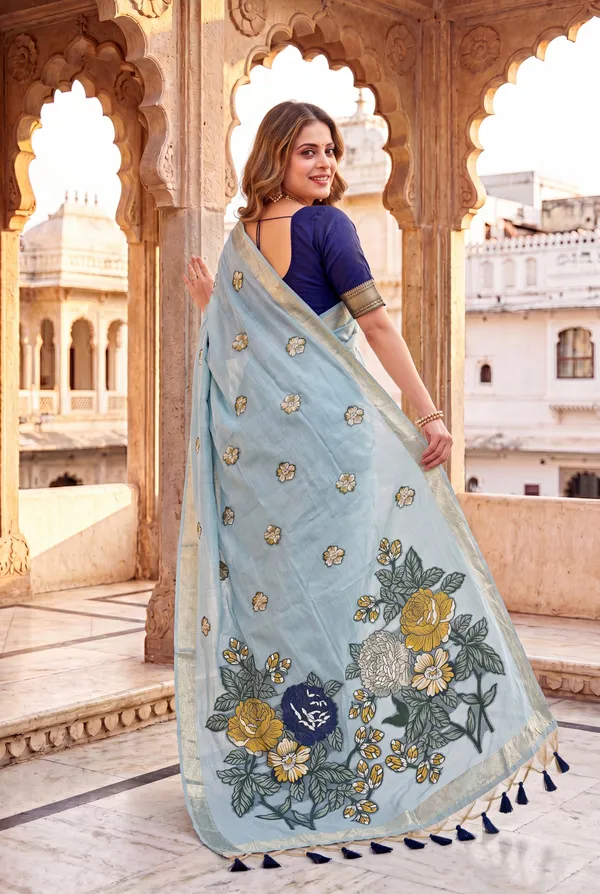 Premium_Soft_Muga_Cotton_sarees_with_Beautiful_Colourfull_Resham_Weaving_Flower_Design_Pallu_With_Attractive_All_Over_Resham_Weaving__Flower_Design_With_Zari_Weaving_Border_And_Contrast_Blouse_With_Fancy_Tassels