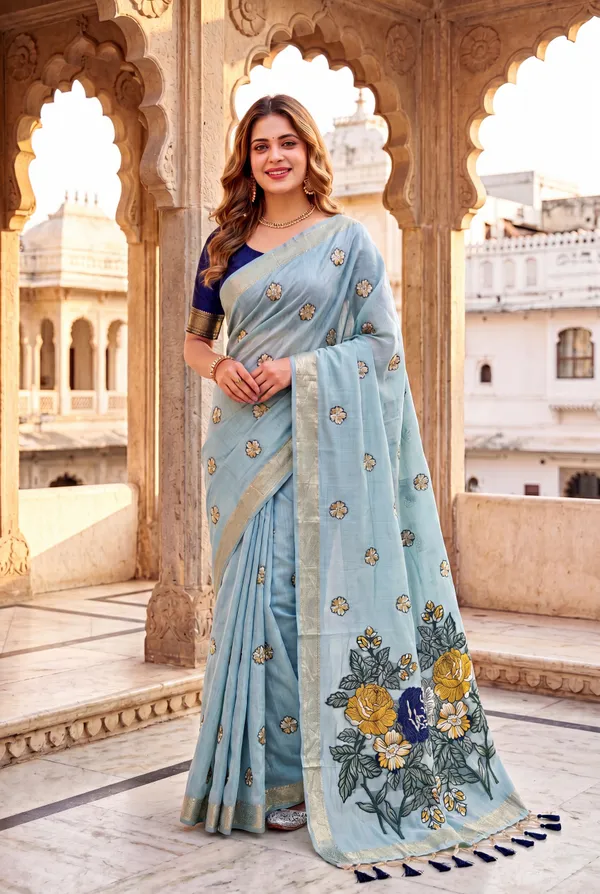 Premium_Soft_Muga_Cotton_sarees_with_Beautiful_Colourfull_Resham_Weaving_Flower_Design_Pallu_With_Attractive_All_Over_Resham_Weaving__Flower_Design_With_Zari_Weaving_Border_And_Contrast_Blouse_With_Fancy_Tassels