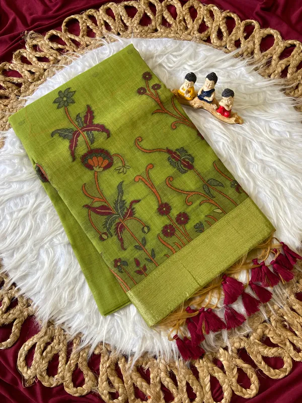 Premium_Soft_Muga_Cotton_sarees_with_Beautiful_Colourfull_Resham_Weaving__Flower_Design_Pallu_With_Attractive_Traditional_Zari_Weaving__With_All_Over__Resham_Weaving__And_Resham_Weaving_Butti_Blouse_With_Fancy_Tassels