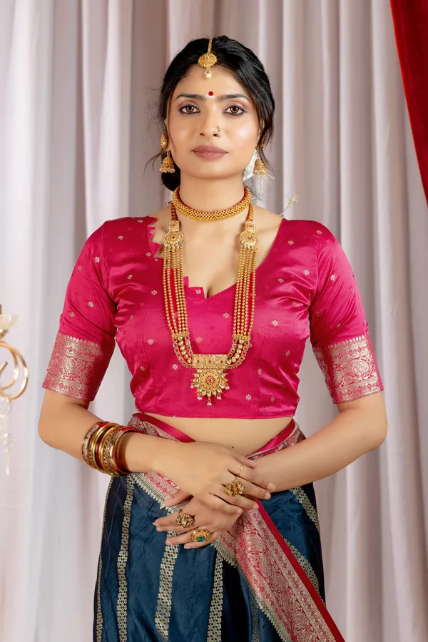 Banarasi_Pure_Satin_Silk_sarees_with_Beautiful_Elephant_in_Contrast_Pink-Blue_Shades_With_Attractive_Weaving_Gold_Zari_Design_And_Contrast_Blouse_With_Tassels
