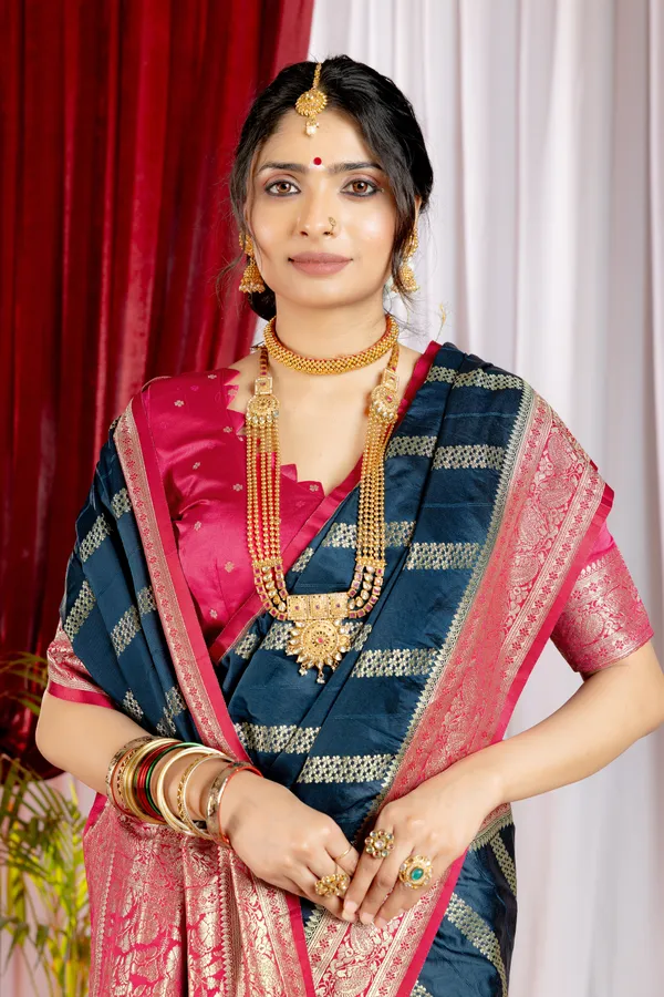 Banarasi_Pure_Satin_Silk_sarees_with_Beautiful_Elephant_in_Contrast_Pink-Blue_Shades_With_Attractive_Weaving_Gold_Zari_Design_And_Contrast_Blouse_With_Tassels