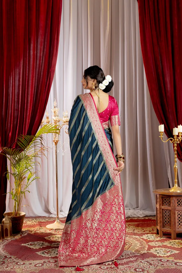 Banarasi_Pure_Satin_Silk_sarees_with_Beautiful_Elephant_in_Contrast_Pink-Blue_Shades_With_Attractive_Weaving_Gold_Zari_Design_And_Contrast_Blouse_With_Tassels