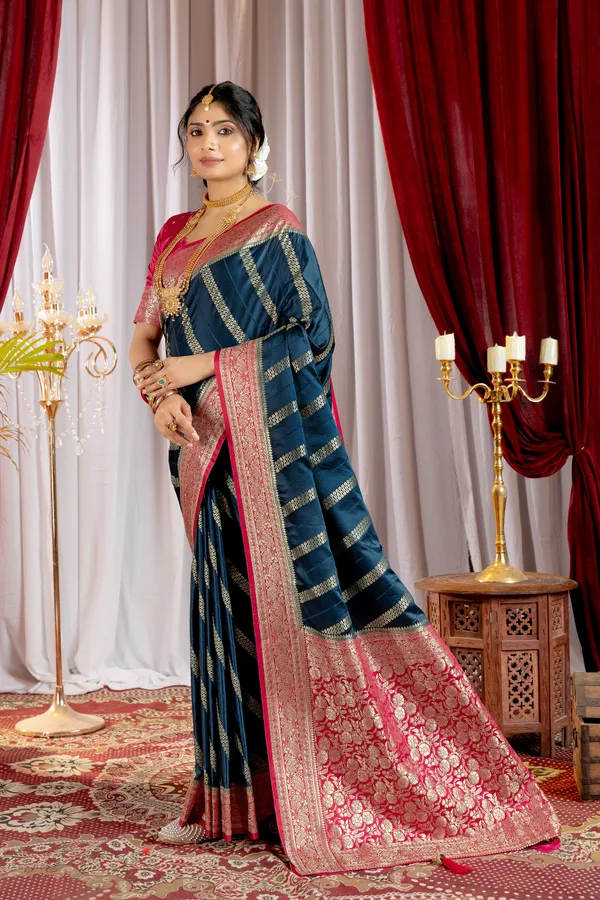 Banarasi_Pure_Satin_Silk_sarees_with_Beautiful_Elephant_in_Contrast_Pink-Blue_Shades_With_Attractive_Weaving_Gold_Zari_Design_And_Contrast_Blouse_With_Tassels