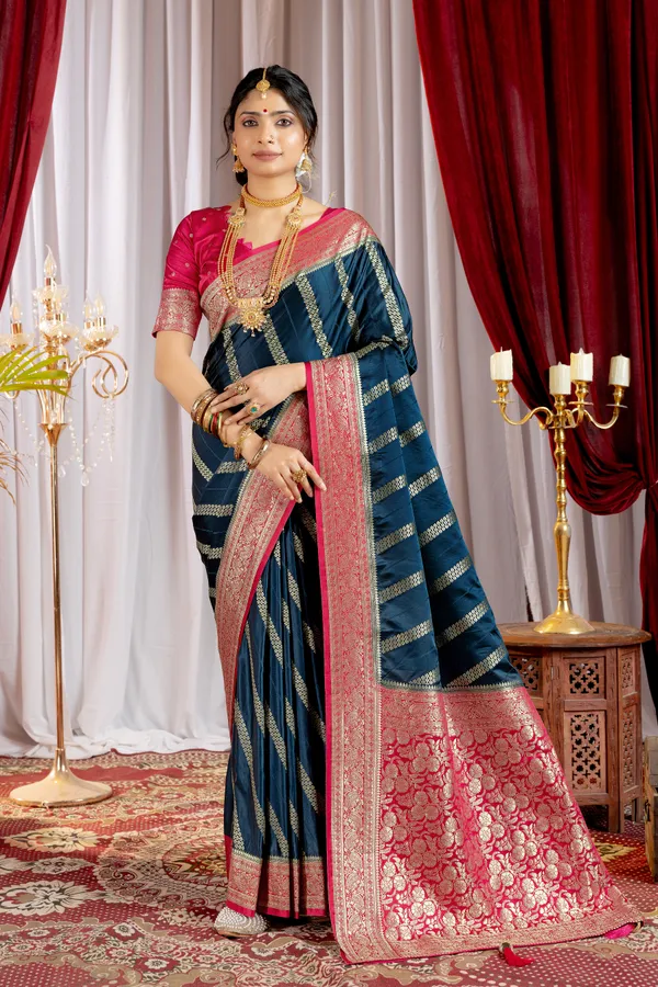 Banarasi_Pure_Satin_Silk_sarees_with_Beautiful_Elephant_in_Contrast_Pink-Blue_Shades_With_Attractive_Weaving_Gold_Zari_Design_And_Contrast_Blouse_With_Tassels
