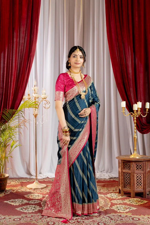 Banarasi_Pure_Satin_Silk_sarees_with_Beautiful_Elephant_in_Contrast_Pink-Blue_Shades_With_Attractive_Weaving_Gold_Zari_Design_And_Contrast_Blouse_With_Tassels