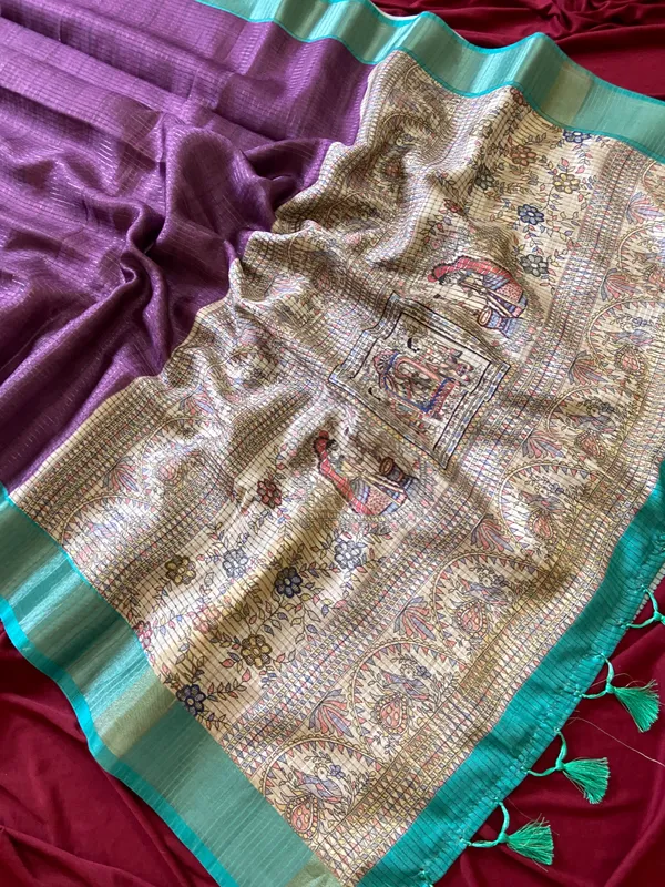 Soft_Tussar_Silk_sarees_with_Beautiful_Digital_Print_With_Attractive_Checks_Design_Saree_And_Digital_Print_Blouse_With_Tassels