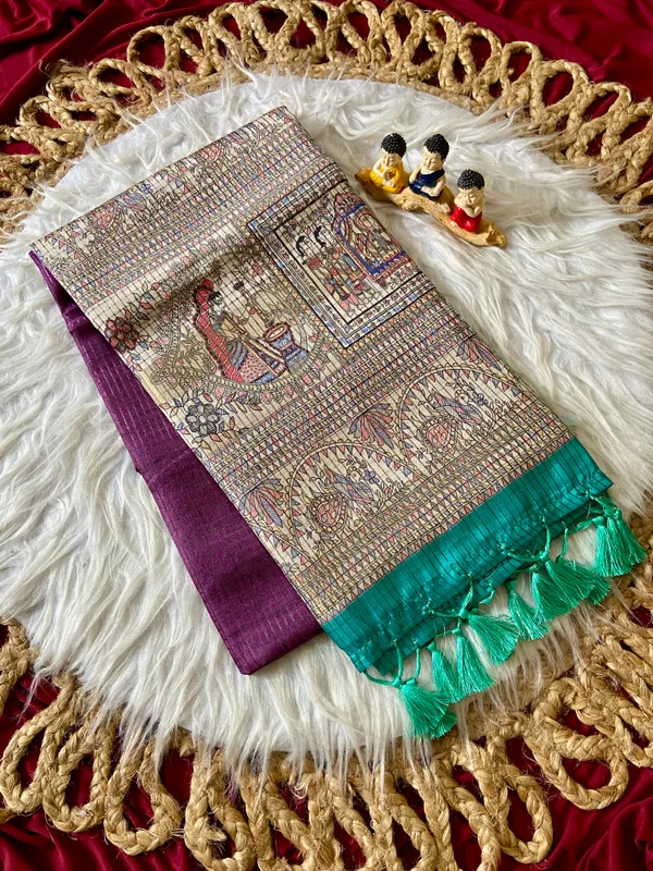 Soft_Tussar_Silk_sarees_with_Beautiful_Digital_Print_With_Attractive_Checks_Design_Saree_And_Digital_Print_Blouse_With_Tassels