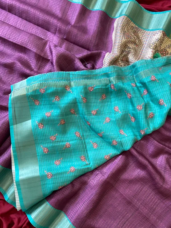 Soft_Tussar_Silk_sarees_with_Beautiful_Digital_Print_With_Attractive_Checks_Design_Saree_And_Digital_Print_Blouse_With_Tassels
