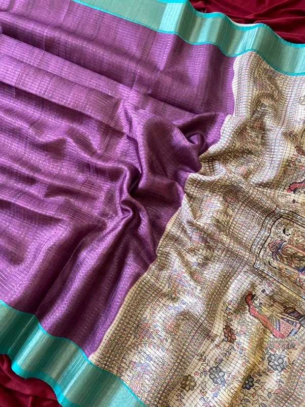 Soft_Tussar_Silk_sarees_with_Beautiful_Digital_Print_With_Attractive_Checks_Design_Saree_And_Digital_Print_Blouse_With_Tassels
