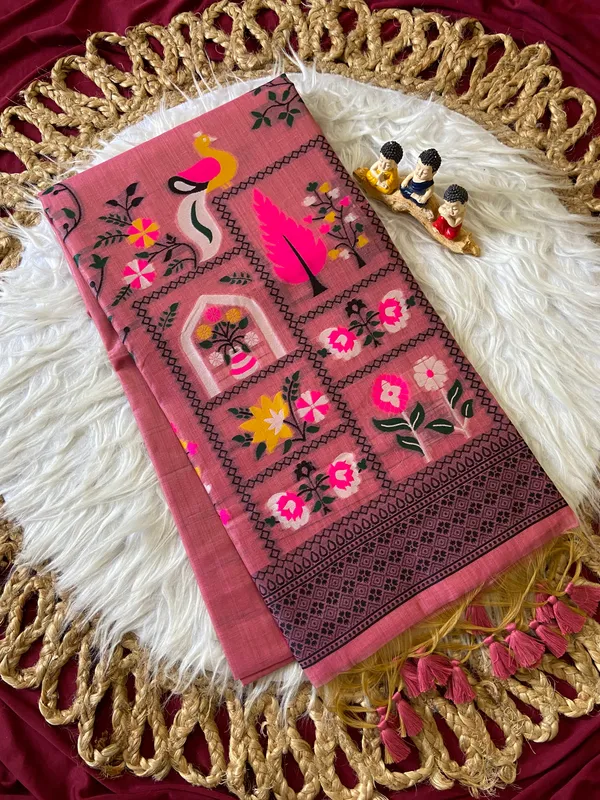 Premium_Soft_Jamdani_Cotton_sarees_with_Beautiful_Colourfull_3D_Woven_Peacock_Design_Pallu_With_Attractive_All_Over_Resham_Weaving_Butti_Design_With_Resham_Weaving_Border_And_Running_Blouse_With_Fancy_Tassels