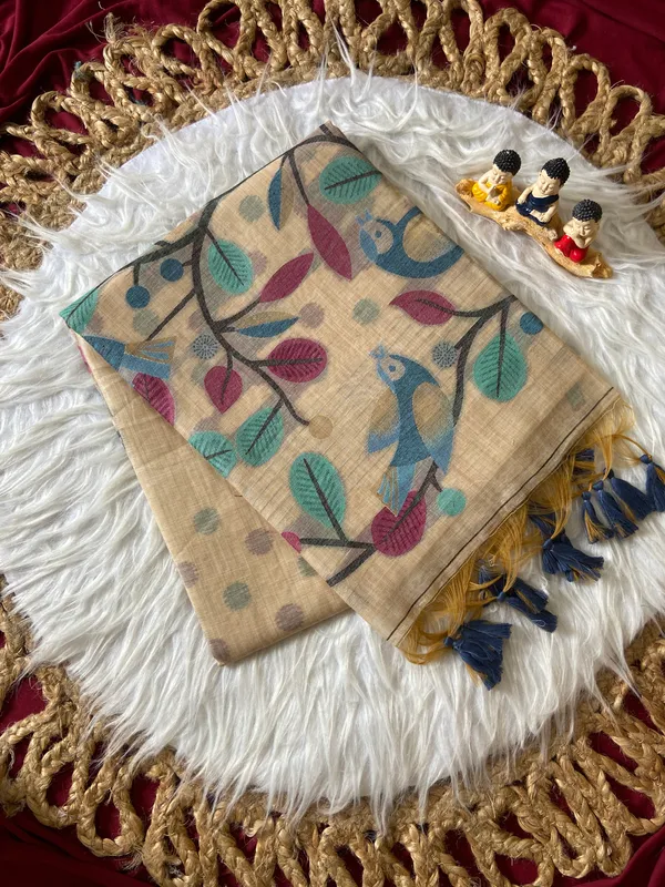Premium_Soft_Muga_Cotton_sarees_with_Beautiful_Colourfull_Resham_Weaving_Pallu_With_Attractive_Traditional_Zari_Weaving_Border_With_All_Over_Resham_Weaving_Birds_Design_And_Resham_Weaving_Butti_Blouse_With_Fancy_Tassels